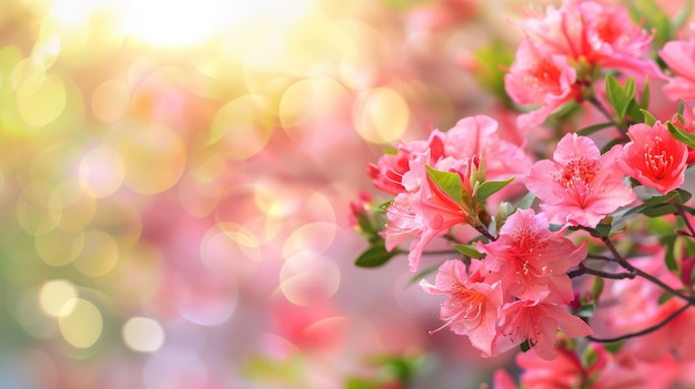 Vibrant pink flowers with lush green leaves and light bokeh background