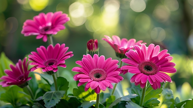 Vibrant pink gerbera daisies with soft green bokeh background