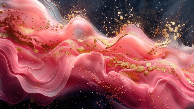 Vibrant Pink and Gold Swirls in Abstract Fluid Art Background