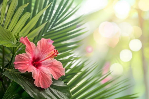 Vibrant Pink Hibiscus Flower with Tropical Green Leaves Nature Photography