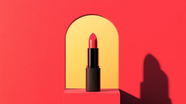 Photo vibrant pink lipstick stands out against a bold red and yellow backdrop showcasing beauty and elegance in a modern style