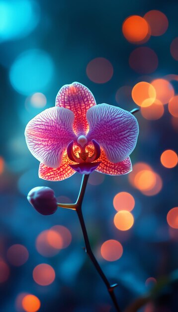 A Vibrant Pink Orchid Bloom with Blurred Orange Lights