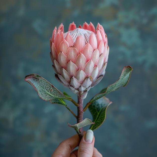 Photo a vibrant pink protea flower with green leaves held in a hand against a teal background