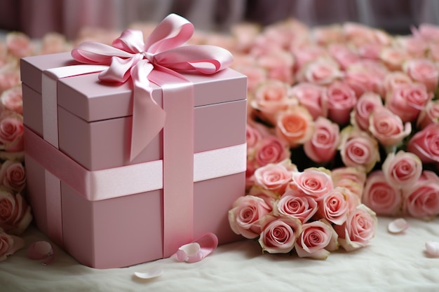 Vibrant pink roses surrounding an elegant pink gift box