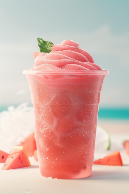 Vibrant Pink Slushy with Straw and Watermelon Chunks Served in a Clear Cup on a Beach Setting