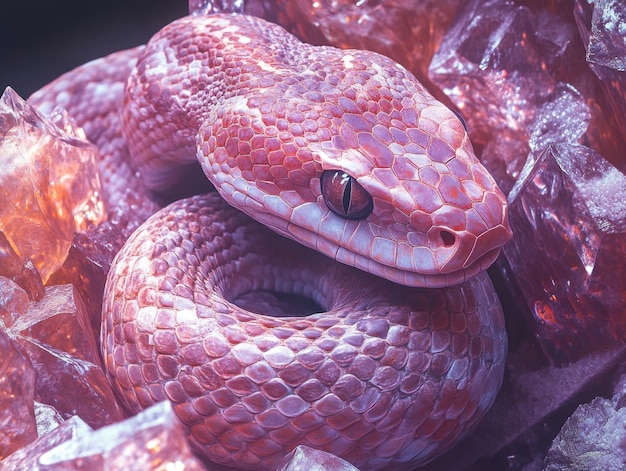 Photo vibrant pink snake coiled among sparkling crystals in nature