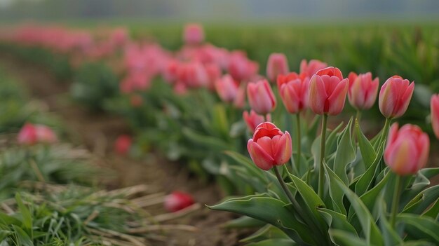 Photo vibrant pink tulip field in bloom spring floral landscape