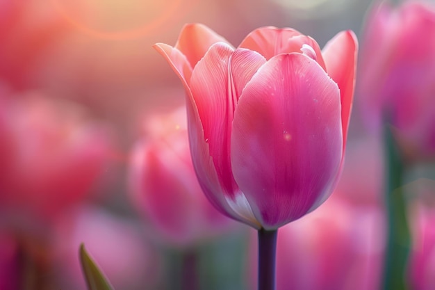 Vibrant Pink Tulip in Soft Focus with Luminous Backlit Sunrise in a Serene Spring Garden Setting