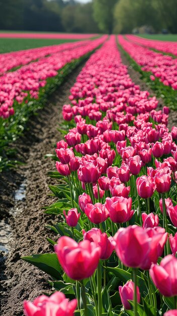 Photo vibrant pink tulips bloom in expansive fields creating stunning landscape in netherlands rows of flowers stretch into distance showcasing natures beauty and tranquility