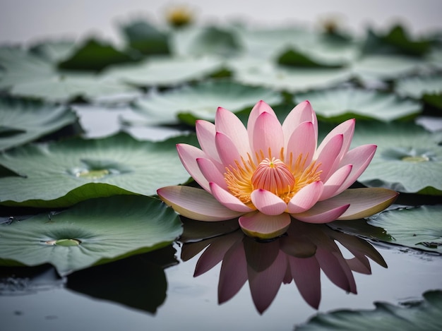 A vibrant pink water lily in full bloom gracefully floating among broad green lily pads on a tranquil water surface