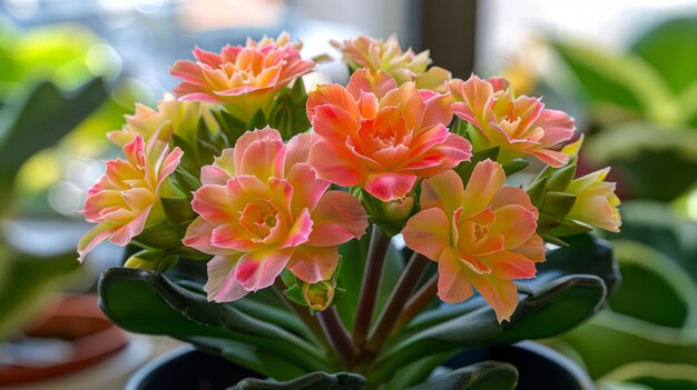 Vibrant Pink and Yellow Kalanchoe Flowers Blooming Indoors Beautiful Potted Flower Plant on Sunny