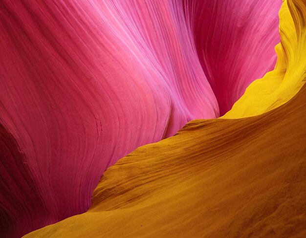 Vibrant pink and yellow layered rock formations closeup Smooth lines and rich colors dynamic