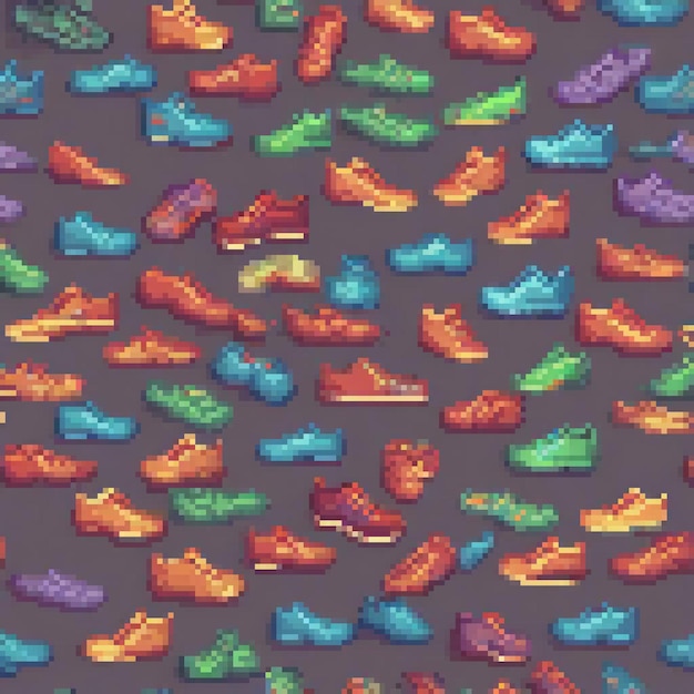 Photo vibrant pixel art showcasing a variety of colorful shoes against a purple backdrop