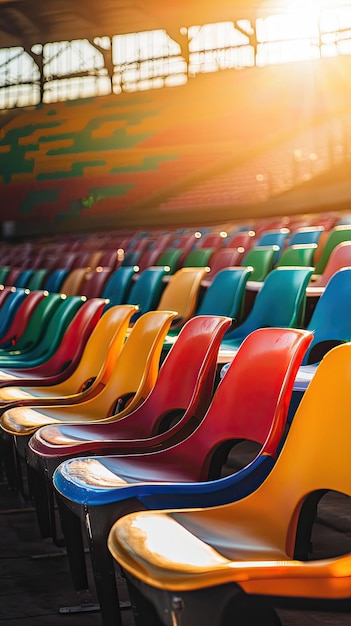 Photo vibrant plastic chairs lined up in a stadium basking in sunlight showcasing the colorful design and inviting atmosphere