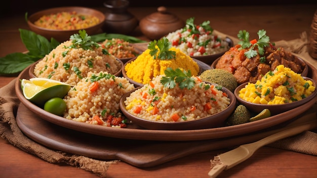 A vibrant plate of Brazilian cuz cuz cous cous and farofa garnished with freshly grated cassava