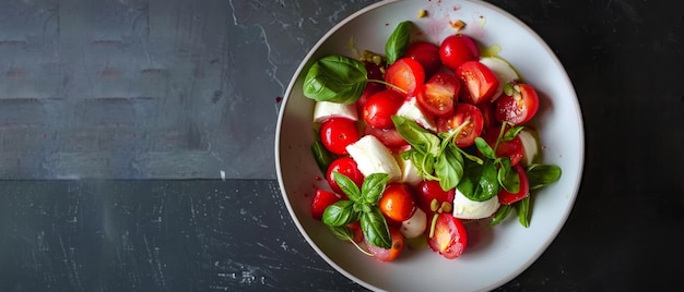 Photo a vibrant plate of cherry tomatoes mozzarella and basil arranged enticingly showcasing a fresh and delicious caprese salad