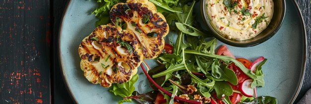 Photo a vibrant plate of grilled cauliflower steaks served alongside a fresh mixed salad and a generous dollop of creamy di