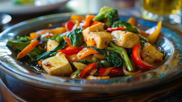 A vibrant plate of Pad Pak Ruam Thai stirfried mixed vegetables with tofu garlic and soy sauce bursting with color and flavor