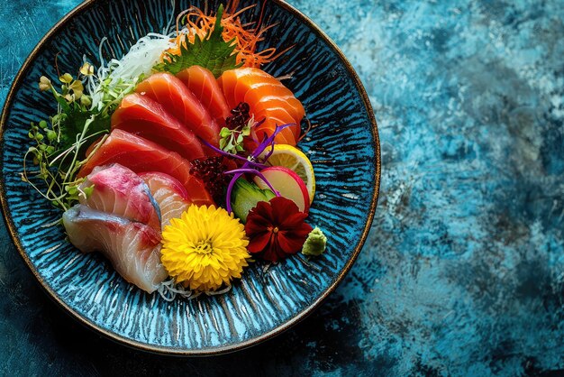 Photo a vibrant plate of sashimi artfully arranged with garnishes and flowers