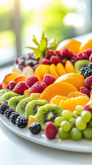 A vibrant platter of assorted fresh fruits arranged artfully for a healthy snack