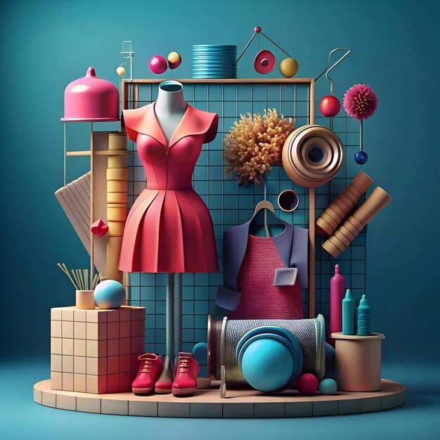 Photo a vibrant and playful 3d illustration featuring a stylish mannequin dressed in a red dress and surrounded by colorful geometric objects perfect for fashion design and retail marketing