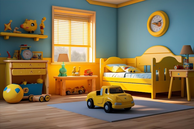 Vibrant and Playful Childrens Room with Colorful Modern Furniture and Assorted Toys