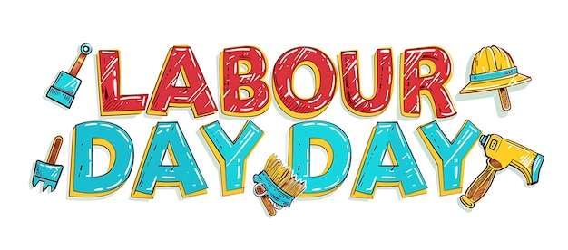 Photo a vibrant and playful depiction of labour day with the words labour day highlighted in bold colorful lettering and surrounded by tools symbolizing work and