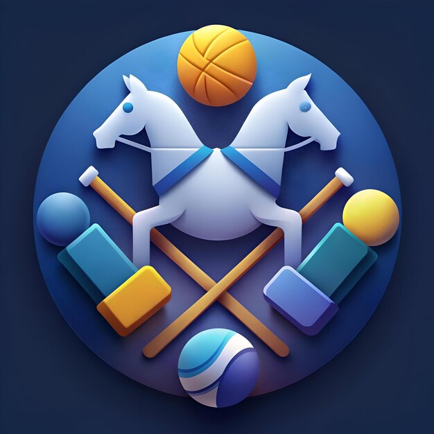 A vibrant and playful icon featuring a stylized polo horse crossed mallets a basketball and assorted sports balls