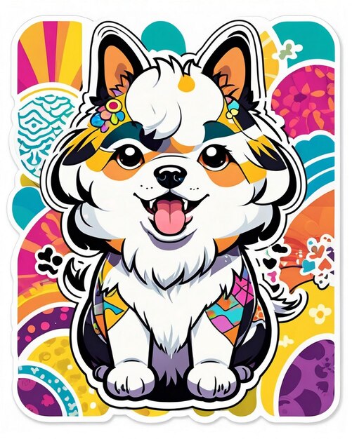 a vibrant and playful illustration of a cute dog sticker inspired by Japanese kawaii art