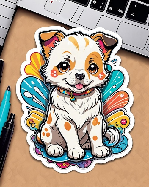 a vibrant and playful illustration of a cute dog sticker inspired by Japanese kawaii art