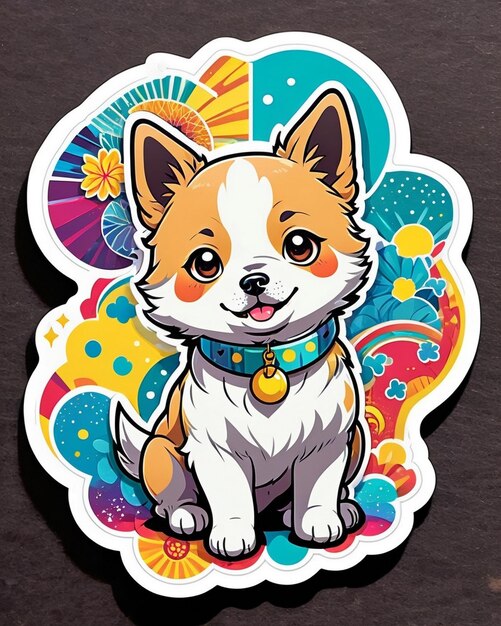 a vibrant and playful illustration of a cute dog sticker inspired by Japanese kawaii art