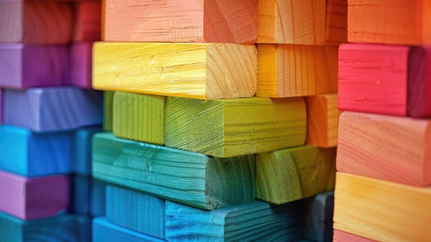 Vibrant and playful a spectrum of stacked multicolored wooden blocks forms a cheerful