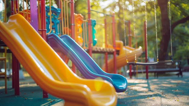 Vibrant Playground Slides and Swings in Sunlit Park