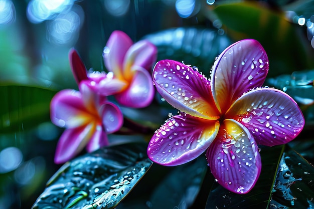 Vibrant Plumeria Flower Covered in Dew Drops Blooming Against a Dark Blue Background