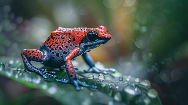 A vibrant poison dart frog on a leaf in the rainforest Hd Background