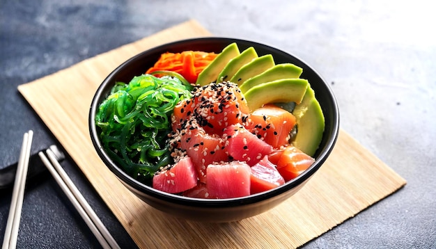 Photo vibrant poke bowl a delicious mix of tuna avocado and seaweed