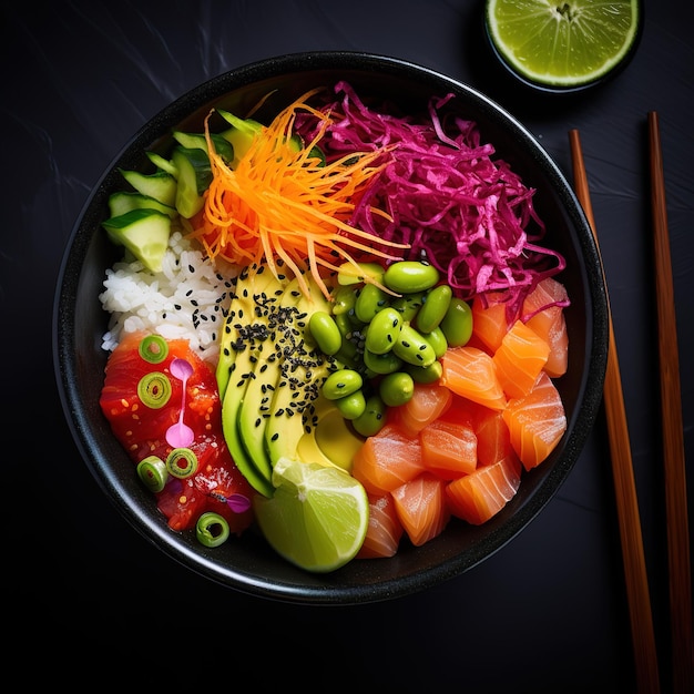 a vibrant poke bowl with fresh fish and veggies creates an ultrahigh definition food photo