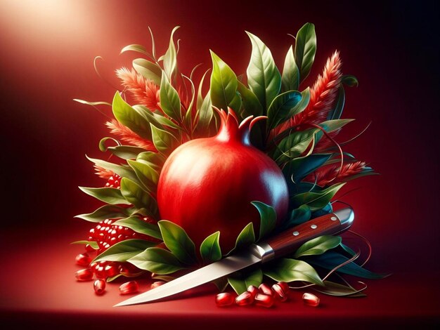 Vibrant Pomegranate Artwork Featuring Leaves and a Knife