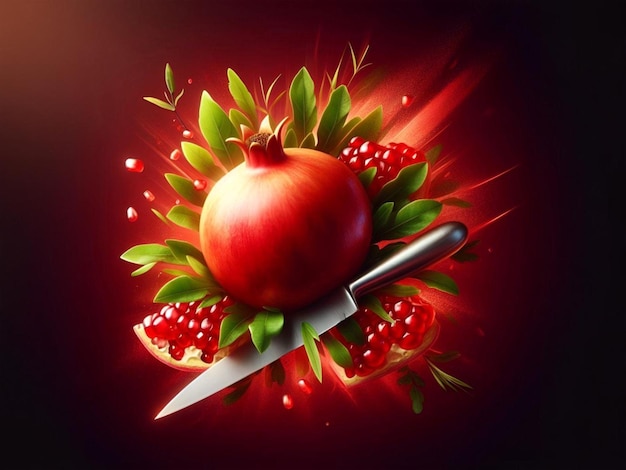 Vibrant Pomegranate Depiction Featuring Foliage and a Cutting Tool