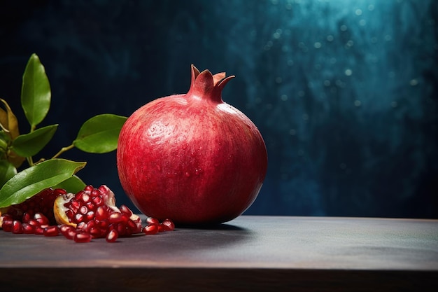 Photo vibrant pomegranate rests on a wooden table with scattered seeds illuminated by soft blue light