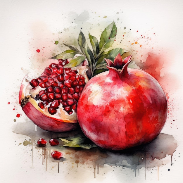 Vibrant Pomegranate Watercolor on White Background