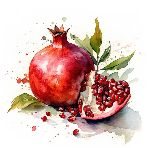 Vibrant Pomegranate Watercolor on White Background