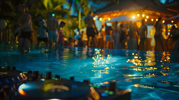 Photo vibrant pool villa party with dj playing music and guests dancing in the night