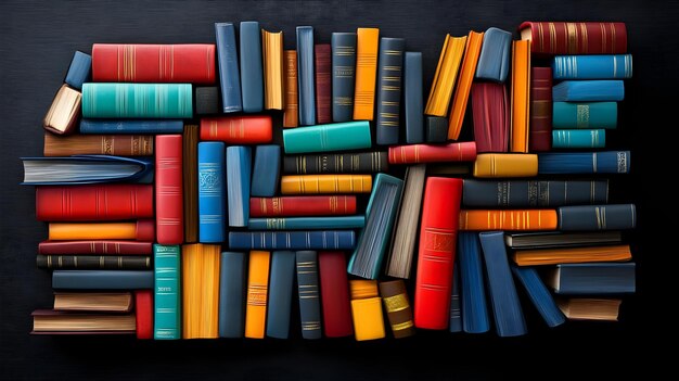 Photo vibrant pop art bookshelf with playful arrangement of stacked literary treasures