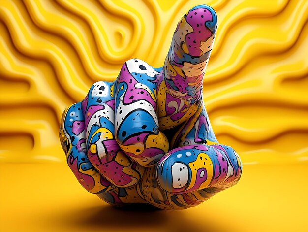 Photo vibrant pop art hand gesture with colorful patterns and geometric composition