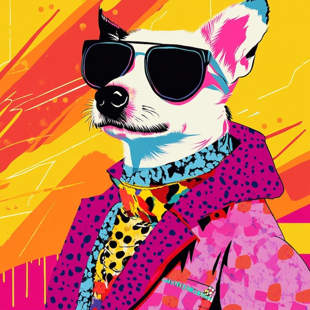 Photo a vibrant pop art illustration featuring trendy animal in stylish outfit with abstract background