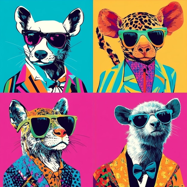 Photo a vibrant pop art illustration featuring trendy animal in stylish outfit with abstract background