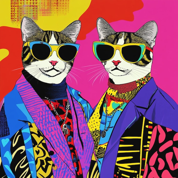 Photo a vibrant pop art illustration featuring trendy animal in stylish outfit with abstract background