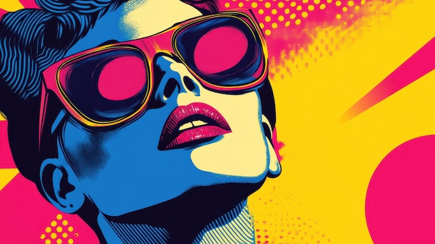 Photo a vibrant pop art illustration of a stylish woman with oversized sunglasses set against a colorful abstract background