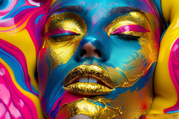 Vibrant Pop Art Inspired Woman Portrait with Gold Foil Makeup and Abstract Background